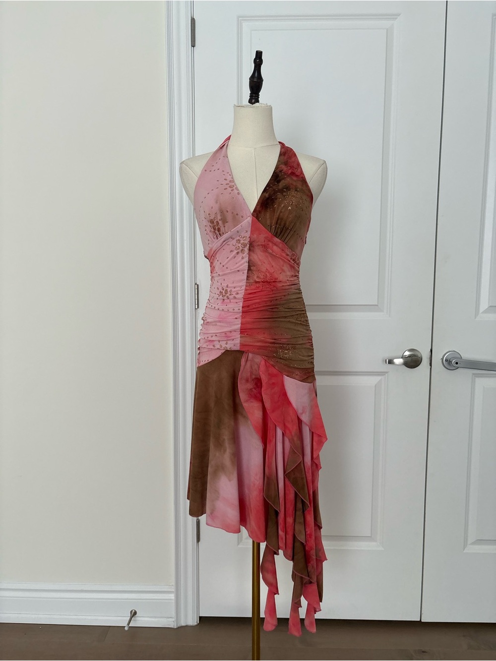 Asymmetrical Halter Dress in Pink and Brown